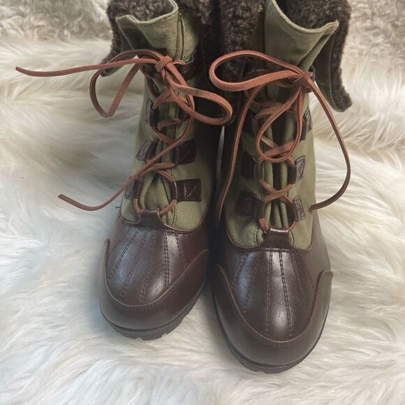 Ashley Stuart Olive Green textile &Brown faux leather lace up wedge boots SZ12W. - Picture 2 of 12